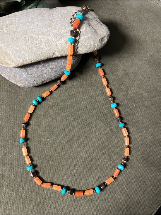 Jewelry - Turquoise and Coral gemstone Beaded Women's summer Necklace adjustable length